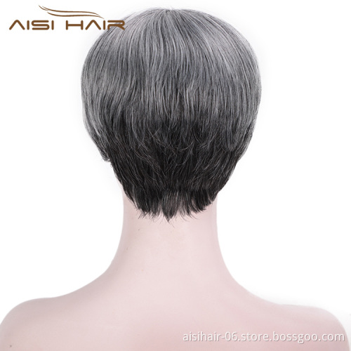 Aisi Hair Straight Bob Wigs Synthetic Hair Short Party Hair Cosplay Wig for Women Grey Mixed Black Short Bob Wigs